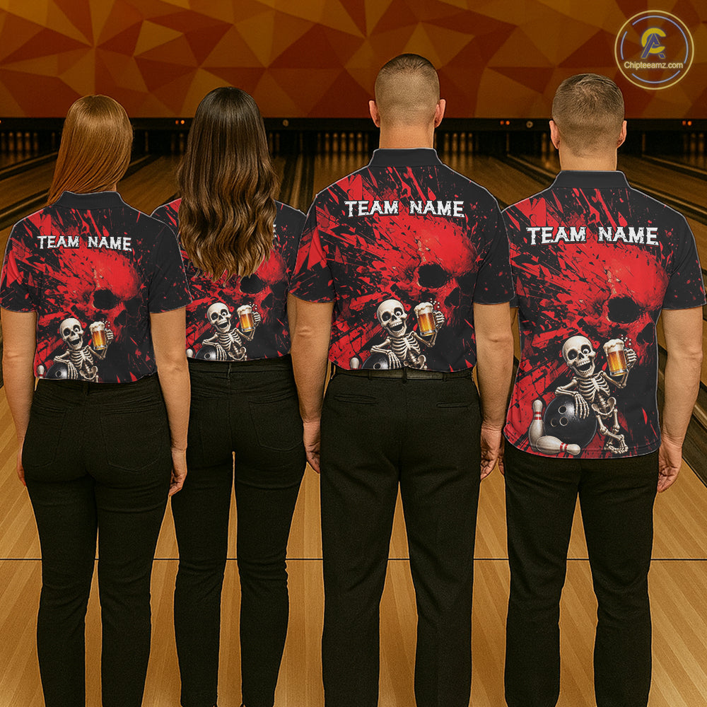 Custom Skeleton Beer Bowling Jersey, Red Splatter Skull Polo & Quarter-Zip Shirt Gift For Men NHT1165