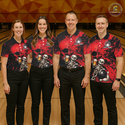 Custom Skeleton Beer Bowling Jersey, Red Splatter Skull Polo & Quarter-Zip Shirt Gift For Men NHT1165