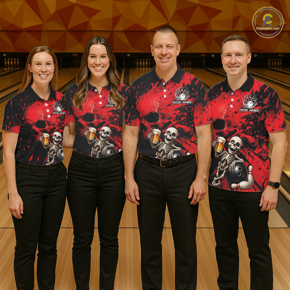 Custom Skeleton Beer Bowling Jersey, Red Splatter Skull Polo & Quarter-Zip Shirt Gift For Women NHT1165