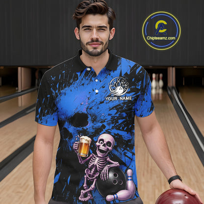 Man wearing a blue and black graphic polo shirt with a skeleton holding a beer and bowling ball in a bowling alley.