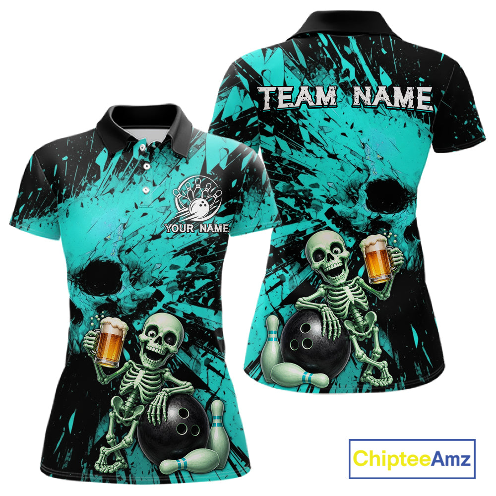 Teal and black polo shirt with skeleton design and 'Team Name' text, featuring Chiptee Amz branding.