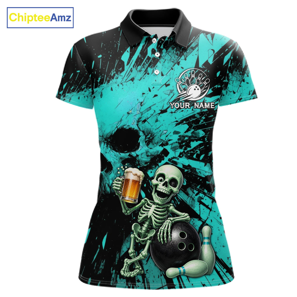 Custom Skeleton Beer Bowling Jersey, Turquoise Splatter Skull Polo & Quarter-Zip Shirt Gift For Women 