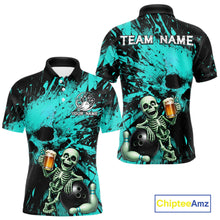 Load image into Gallery viewer, Teal and black polo shirt with skeleton design and 'Team Name' text on a white background.