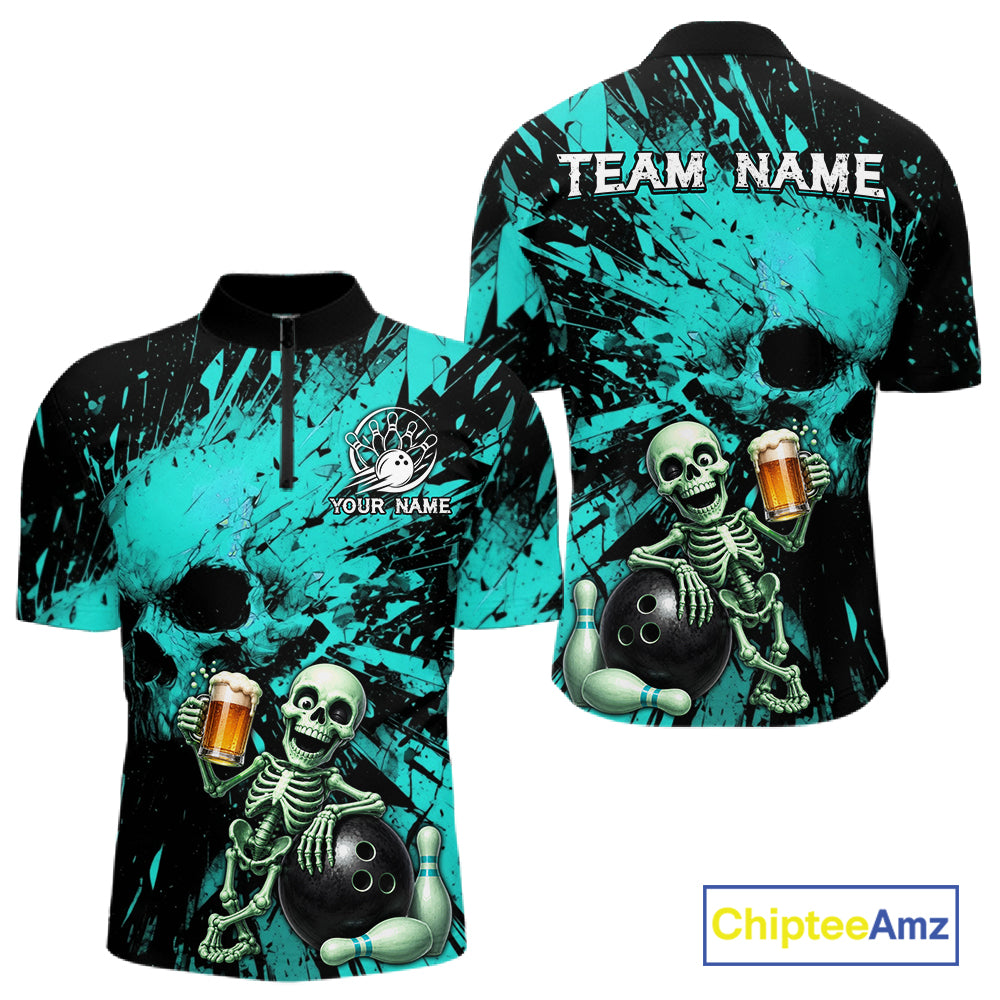 Teal and black bowling shirt with skeleton design and 'Chiptee Amz' branding.