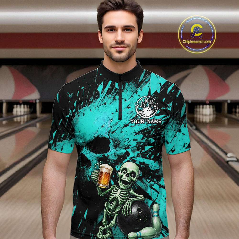 Man wearing a teal and black bowling shirt with a skeleton design in a bowling alley.