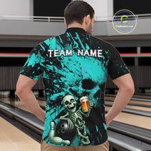 Load image into Gallery viewer, Person wearing a black and teal bowling shirt with a skeleton design and 'TEAM NAME' text at a bowling alley.
