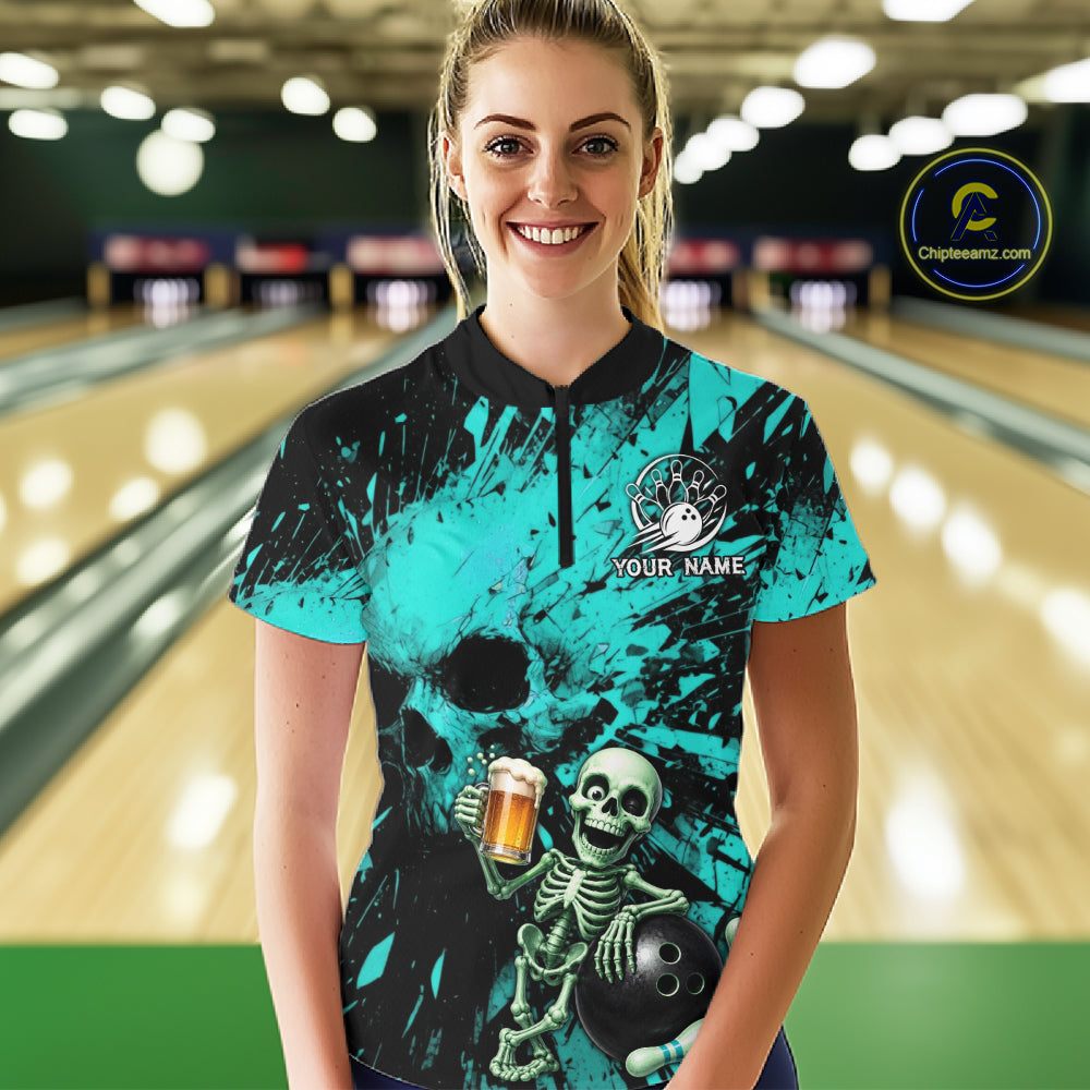 Person wearing a custom bowling shirt with a skull and skeleton design in a bowling alley.