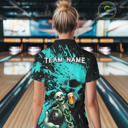 Person wearing a bowling shirt with a skeleton design and 'TEAM NAME' text in a bowling alley.