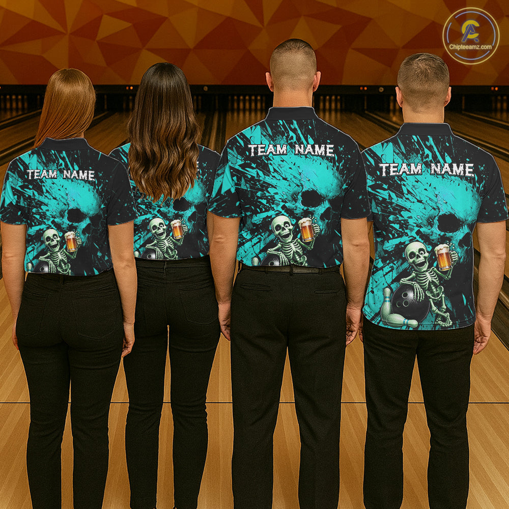Custom Skeleton Beer Bowling Jersey, Turquoise Splatter Skull Polo & Quarter-Zip Shirt Gift For Men NHT1166