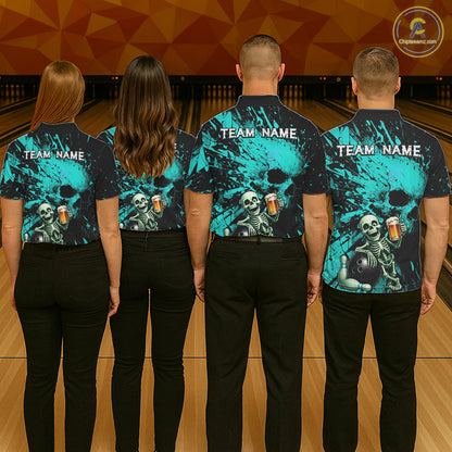 Custom Skeleton Beer Bowling Jersey, Turquoise Splatter Skull Polo & Quarter-Zip Shirt Gift For Women NHT1166