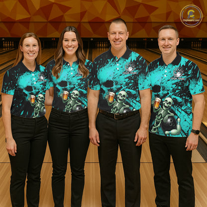 Custom Skeleton Beer Bowling Jersey, Turquoise Splatter Skull Polo & Quarter-Zip Shirt Gift For Men NHT1166
