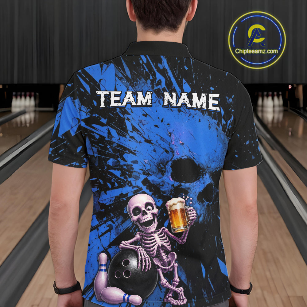 Person wearing a bowling shirt with a skeleton holding a beer and a bowling ball, on a bowling alley.