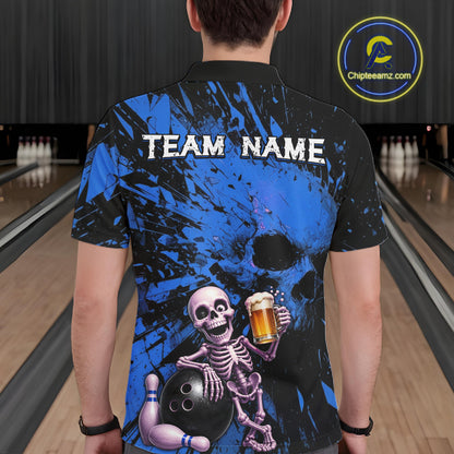 Person wearing a bowling shirt with a skeleton holding a beer and a bowling ball, on a bowling alley.