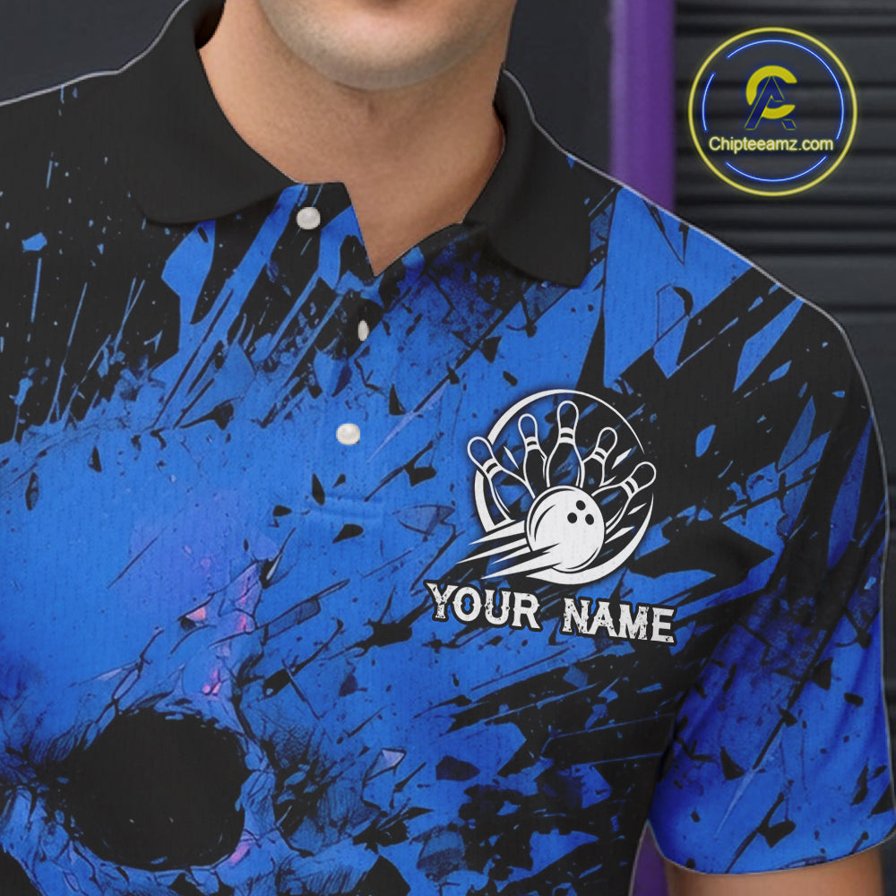 Blue and black splatter patterned polo shirt with a bowling design and 'Your Name' text, brand logo visible.
