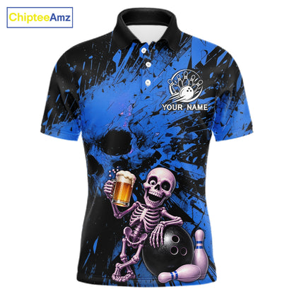 Custom Skeleton Beer Bowling Jersey, Blue Splatter Skull Polo & Quarter-Zip Shirt Gift For Men 
