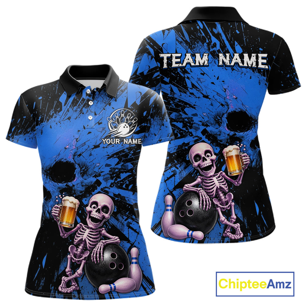Custom Skeleton Beer Bowling Jersey, Blue Splatter Skull Polo & Quarter-Zip Shirt Gift For Women 