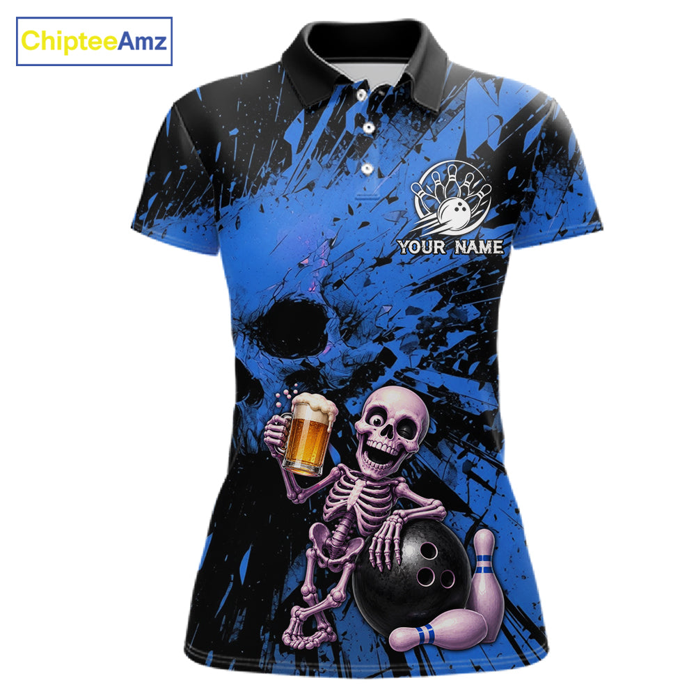 Custom Skeleton Beer Bowling Jersey, Blue Splatter Skull Polo & Quarter-Zip Shirt Gift For Women 