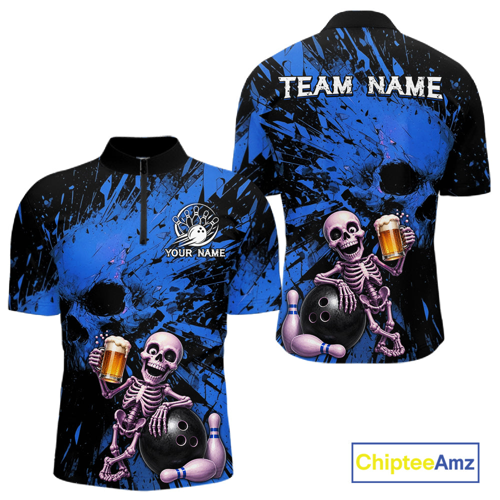 Bowlling jersey with skeleton design and 'Team Name' text on a blue and black background, featuring Chiptee Amz branding.