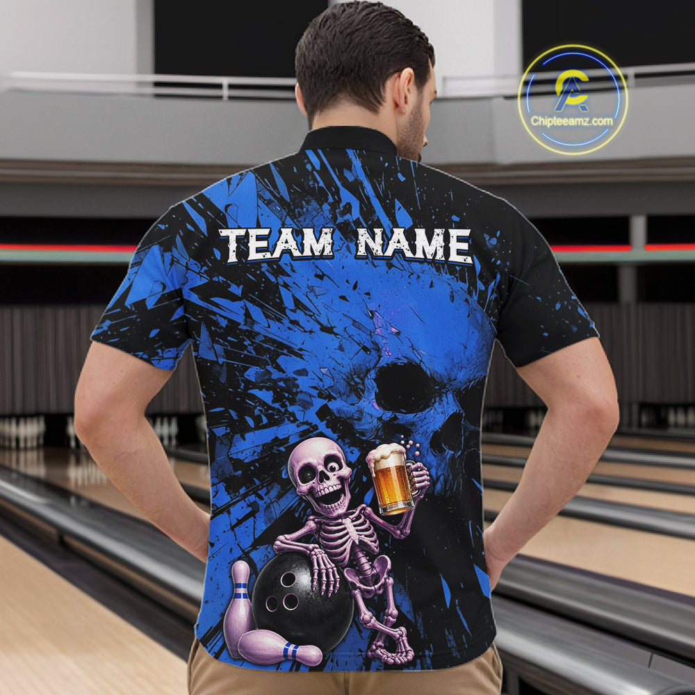 Person wearing a bowling shirt with a skeleton holding a beer and a bowling ball, in a bowling alley.