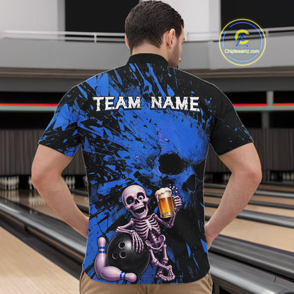 Person wearing a bowling shirt with a skeleton holding a beer and a bowling ball, in a bowling alley.