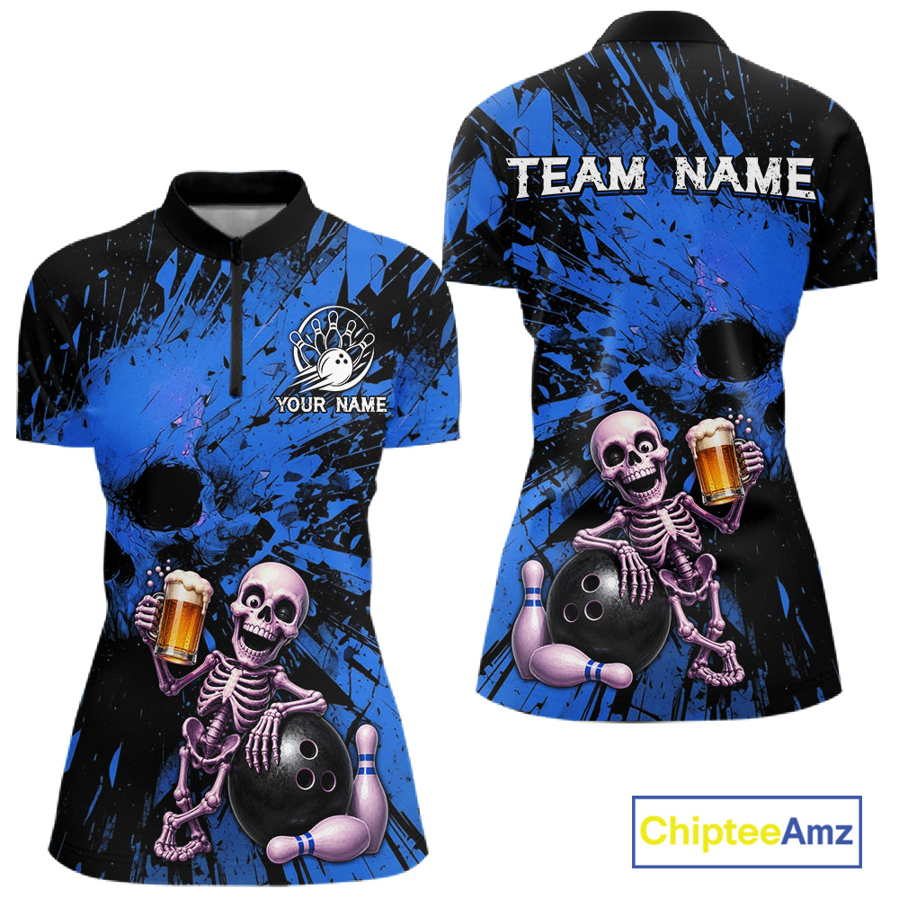 Bowling jersey with skeleton design and 'Team Name' text on a blue and black background, featuring Chiptee Amz branding.