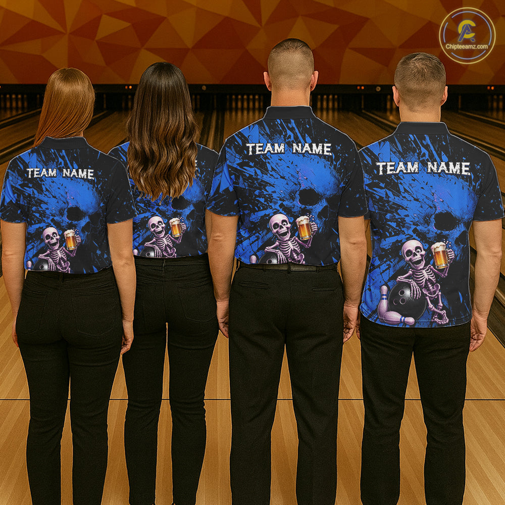 Custom Skeleton Beer Bowling Jersey, Blue Splatter Skull Polo & Quarter-Zip Shirt Gift For Men NHT1167