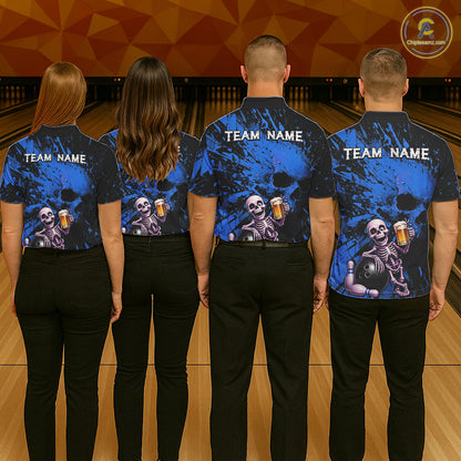 Custom Skeleton Beer Bowling Jersey, Blue Splatter Skull Polo & Quarter-Zip Shirt Gift For Men NHT1167
