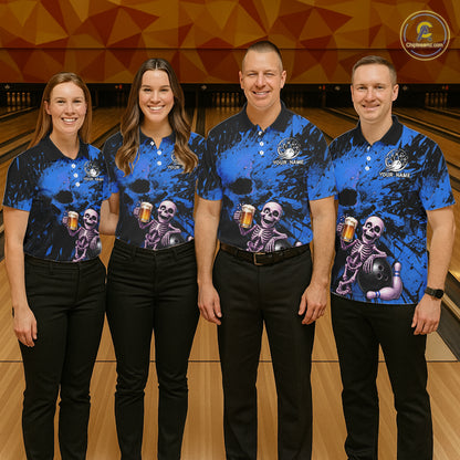 Custom Skeleton Beer Bowling Jersey, Blue Splatter Skull Polo & Quarter-Zip Shirt Gift For Men NHT1167