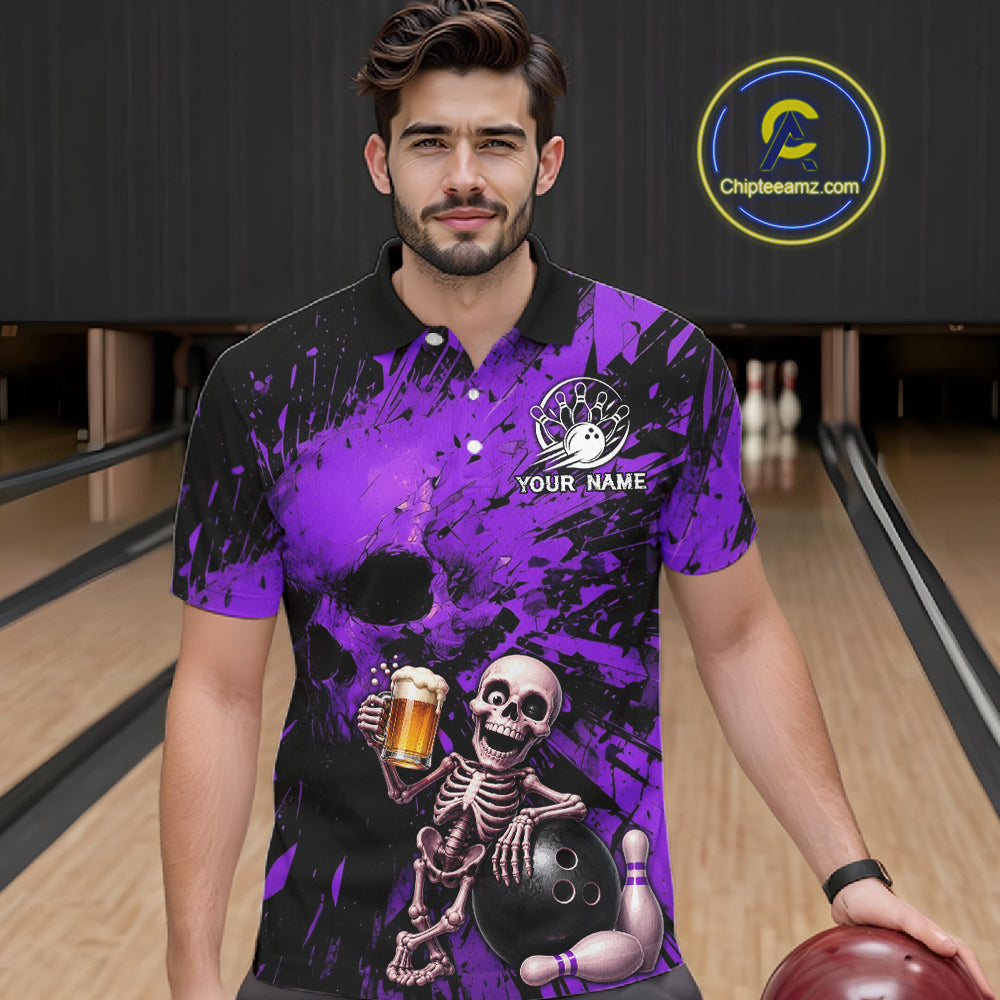 Man wearing a purple and black bowling-themed shirt with a skeleton holding a beer and bowling ball, standing in a bowling alley.