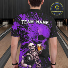 Load image into Gallery viewer, Person wearing a bowling shirt with a skeleton holding a beer and a bowling ball, on a bowling alley.
