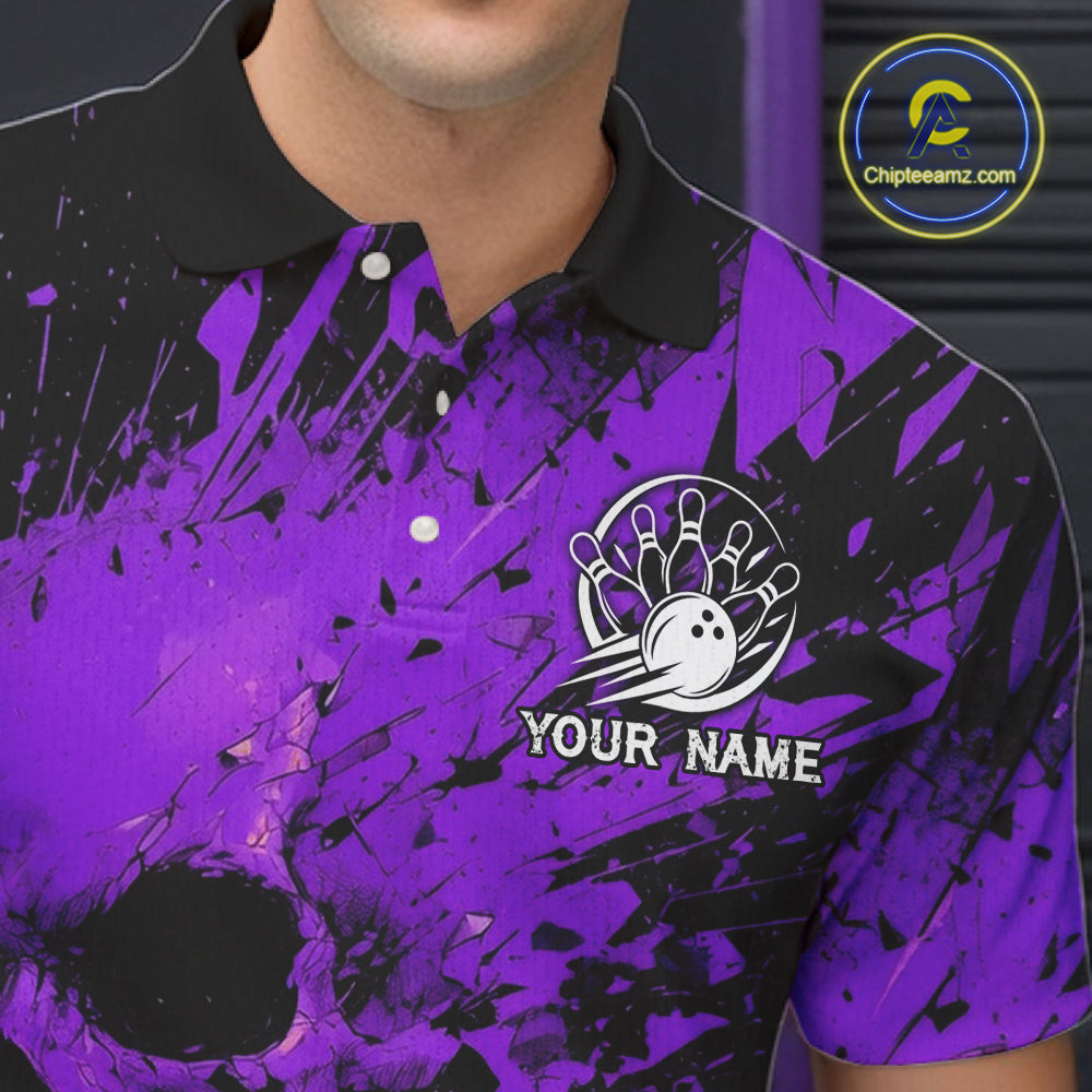 Purple and black splatter patterned polo shirt with a bowling logo and 'Your Name' text, brand logo in the corner.