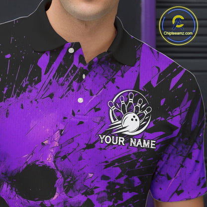 Purple and black splatter patterned polo shirt with a bowling logo and 'Your Name' text, brand logo in the corner.