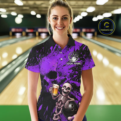 Person wearing a purple bowling shirt with a skeleton design in a bowling alley.