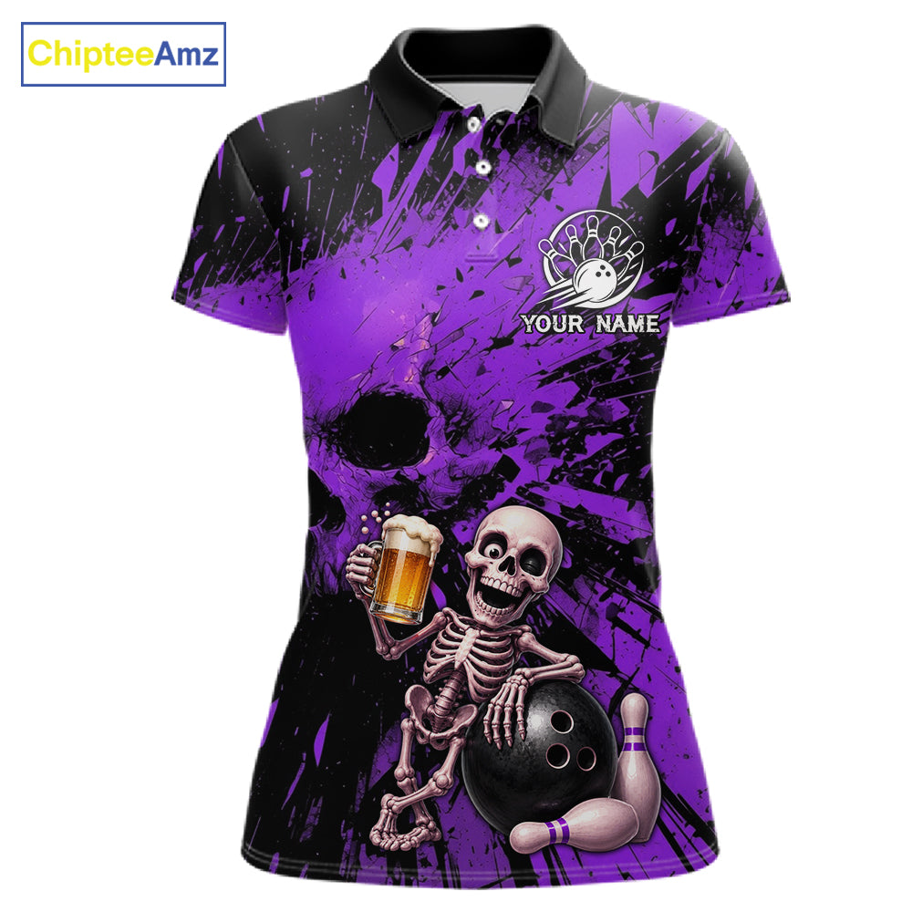 Custom Skeleton Beer Bowling Jersey, Purple Splatter Skull Polo & Quarter-Zip Shirt Gift For Women 