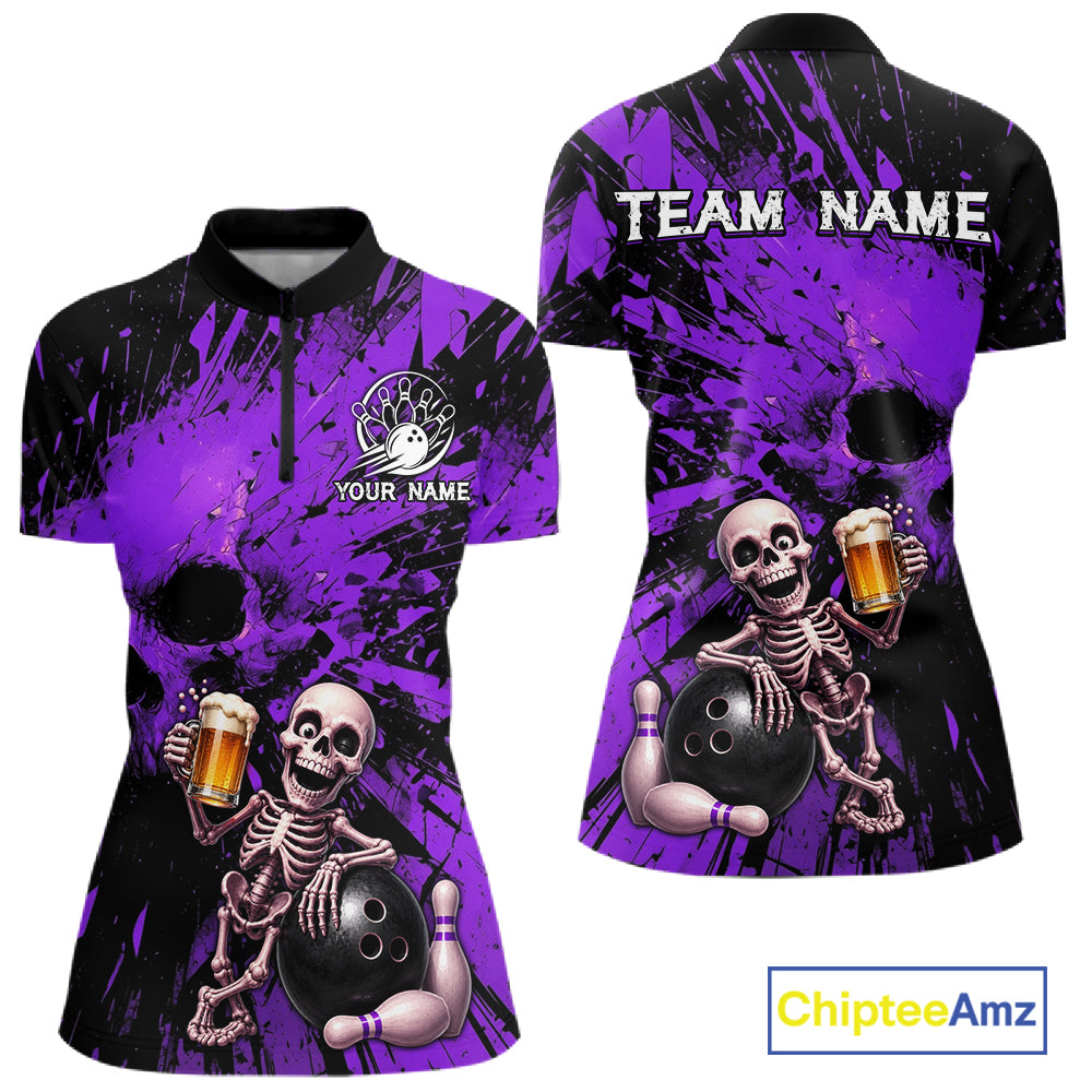 Purple bowling shirt with skeleton design and 'Team Name' text, Chiptee Amz brand visible.