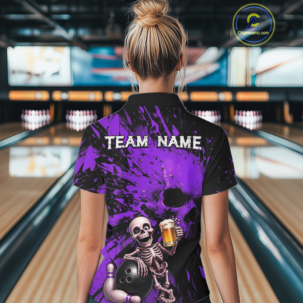 Person wearing a bowling shirt with a skeleton design and 'TEAM NAME' text in a bowling alley.