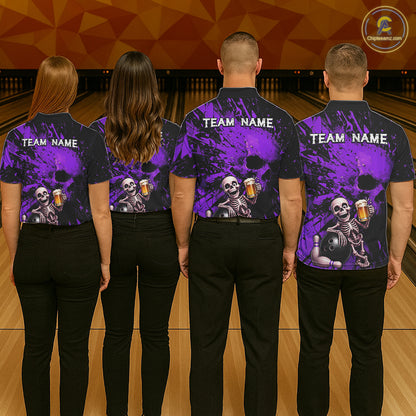 Custom Skeleton Beer Bowling Jersey, Purple Splatter Skull Polo & Quarter-Zip Shirt Gift For Women NHT1168