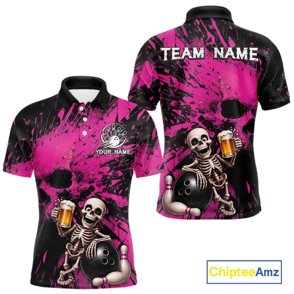 Pink and black polo shirt with skeleton bowling design and 'Team Name' text on a white background.