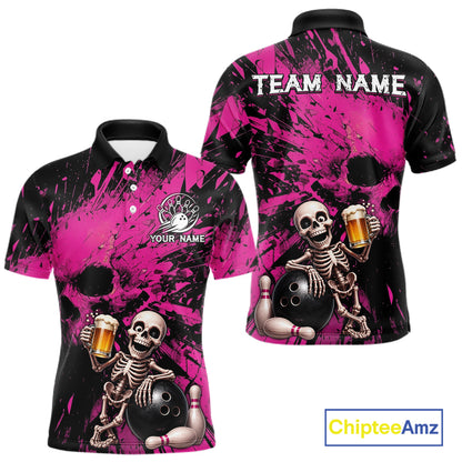 Pink and black polo shirt with skeleton bowling design and 'Team Name' text on a white background.