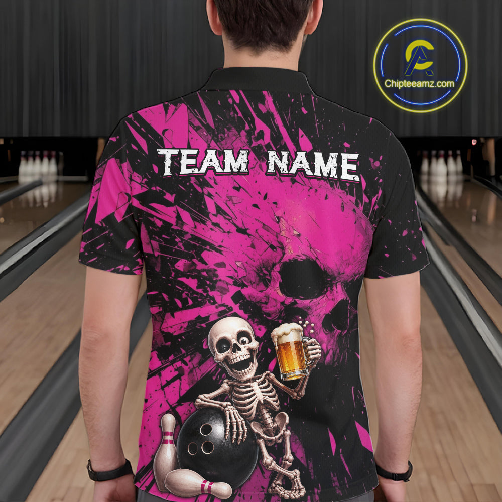 Person wearing a black and pink bowling shirt with a skeleton design in a bowling alley.