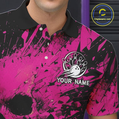 Pink and black splatter patterned polo shirt with bowling design and 'Your Name' text, brand logo visible.