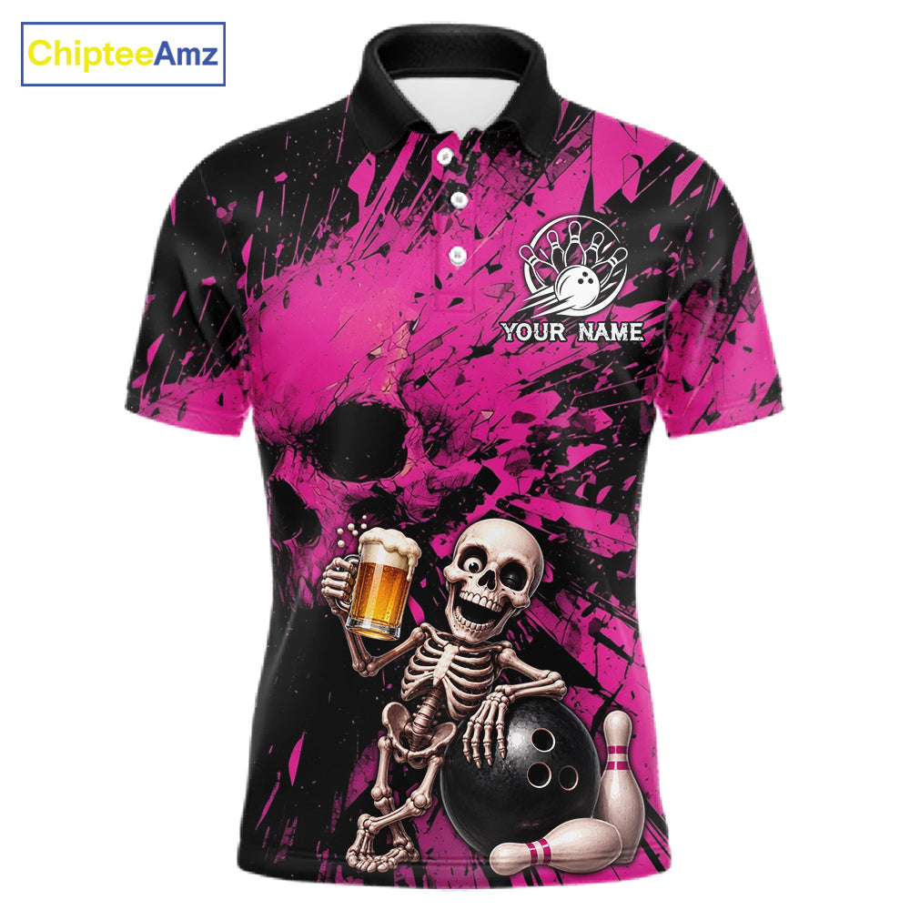 Custom Skeleton Beer Bowling Jersey, Pink Splatter Skull Polo & Quarter-Zip Shirt Gift For Men 