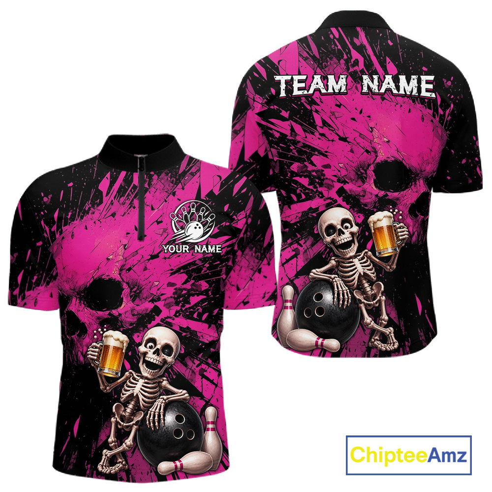 Pink and black bowling jersey with skeleton design and 'Team Name' text on a white background.