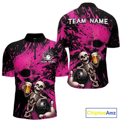 Pink and black bowling jersey with skeleton design and 'Team Name' text on a white background.