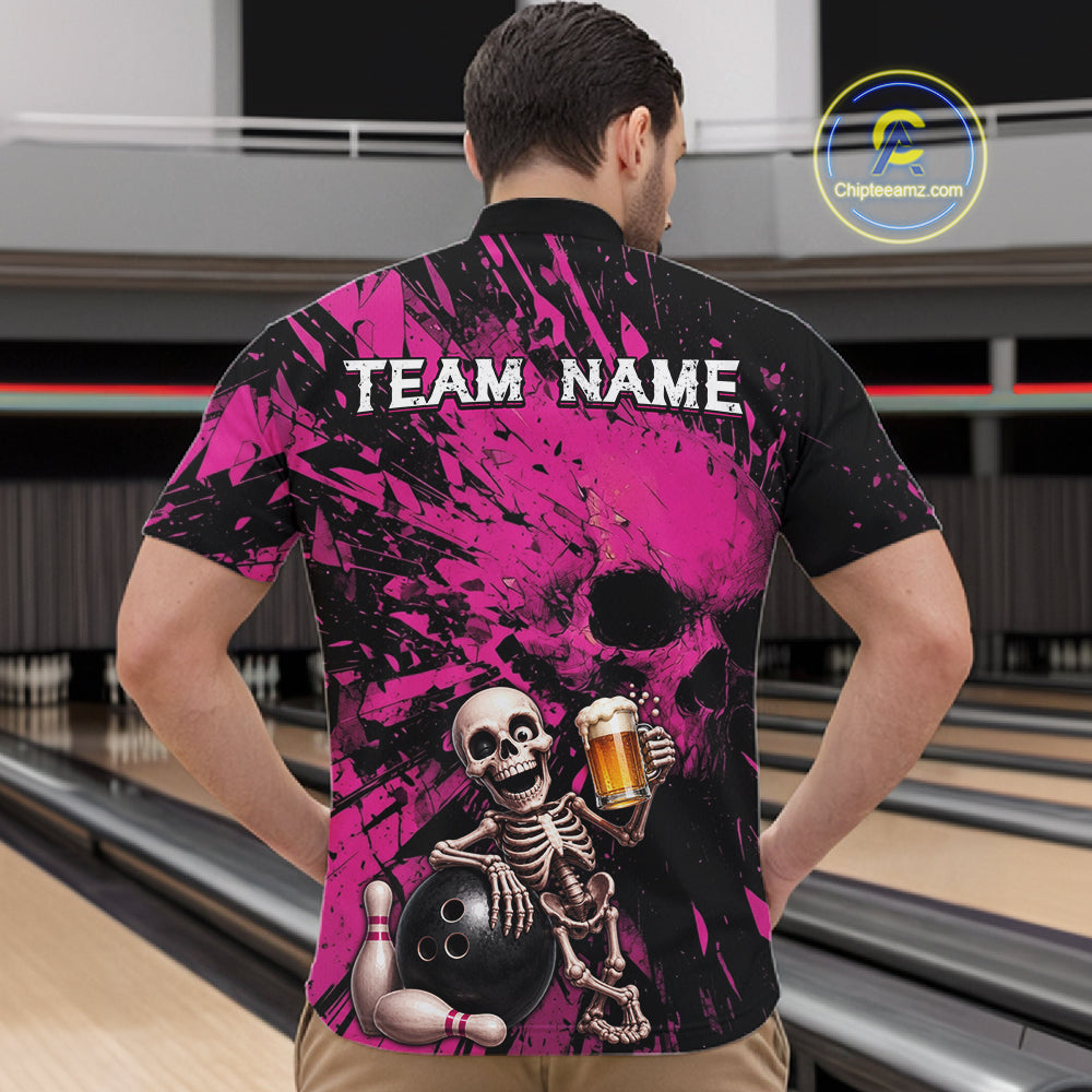 Person wearing a black and pink bowling shirt with a skeleton design at a bowling alley.