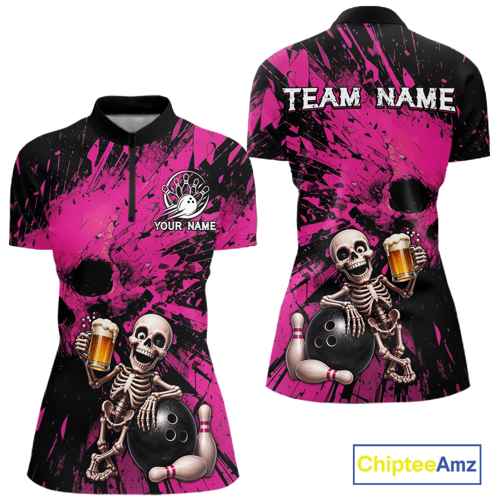 Custom Skeleton Beer Bowling Jersey, Pink Splatter Skull Polo & Quarter-Zip Shirt Gift For Women 
