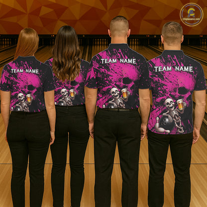 Custom Skeleton Beer Bowling Jersey, Pink Splatter Skull Polo & Quarter-Zip Shirt Gift For Men NHT1169