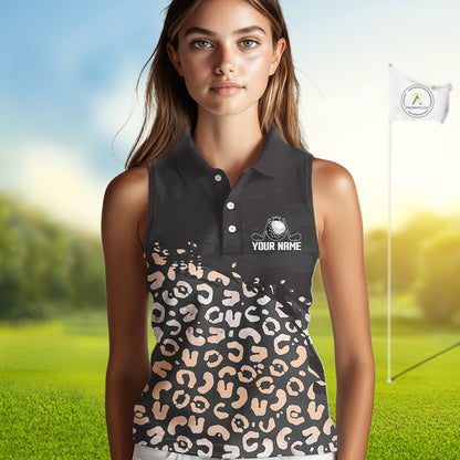 Custom Name Leopard Print Sleeveless Women Polo Shirt – Stylish Animal Print Golf Polo For Womens NHT855