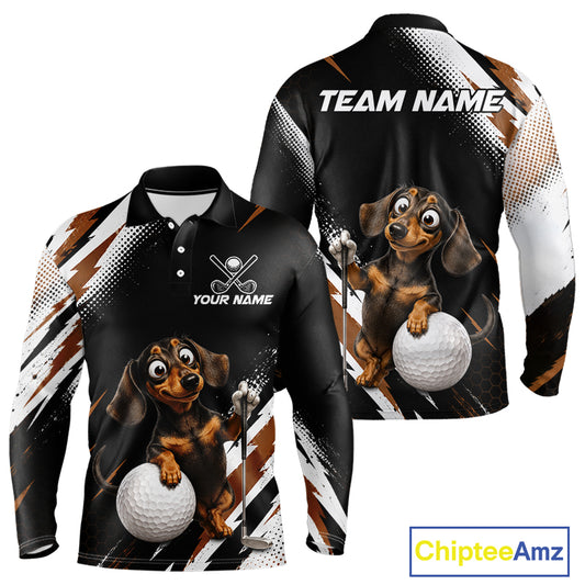 A long-sleeve polo shirt shown from the front and back on a white background. The shirt features a black base with brown and white graphic stripes, a cartoon dachshund holding a golf ball and club, and customizable text areas reading 'TEAM NAME' and 'YOUR NAME'.