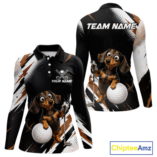 Front and back views of a long-sleeve custom golf shirt on a white background. The shirt features a black base with brown and white brushstroke patterns, a cartoon dachshund holding a golf ball and club, and customizable text areas on the chest and back.